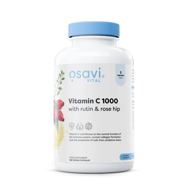 A bottle of Osavi Vitamin C 1000 with Rutin & Rose Hip, containing 180 capsules for dietary supplement.