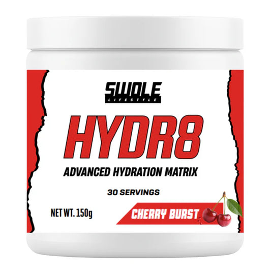 Swole Lifestyle HYDR8 Advanced Hydration Matrix container with cherry flavor on a white background