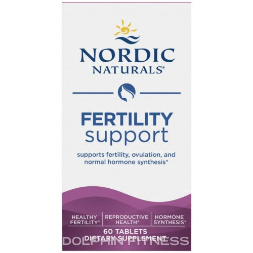Packaging for Nordic Naturals Fertility Support supplement with 60 tablets, highlighting benefits for reproductive health and hormone synthesis.