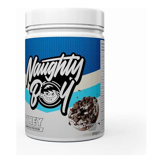 A container of Naughty Boy Advanced Whey protein powder with a chocolate cookie flavor, featuring a graphic of a cookie on the front.