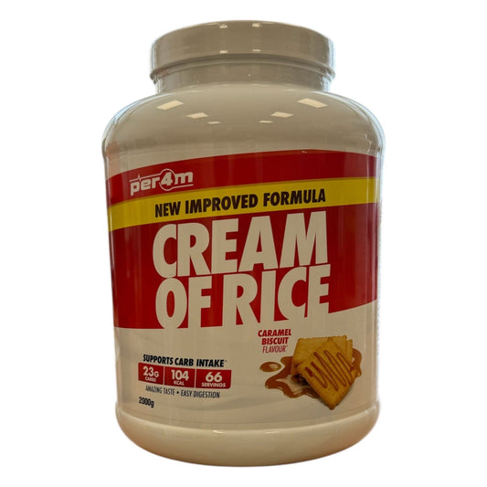 Container of 'Cream of Rice' with caramel biscuit flavor on a white background