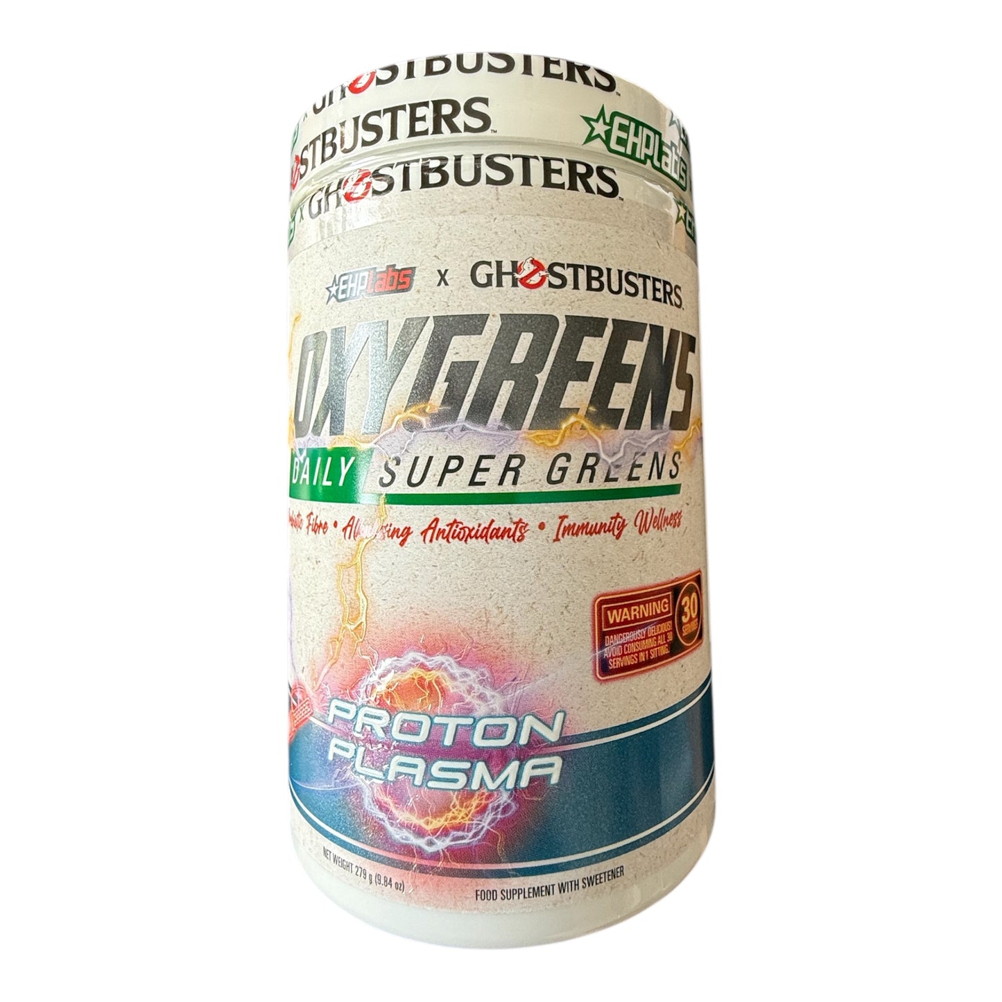OxyGreens Proton Plasma supplement container with Ghostbusters branding on a white background