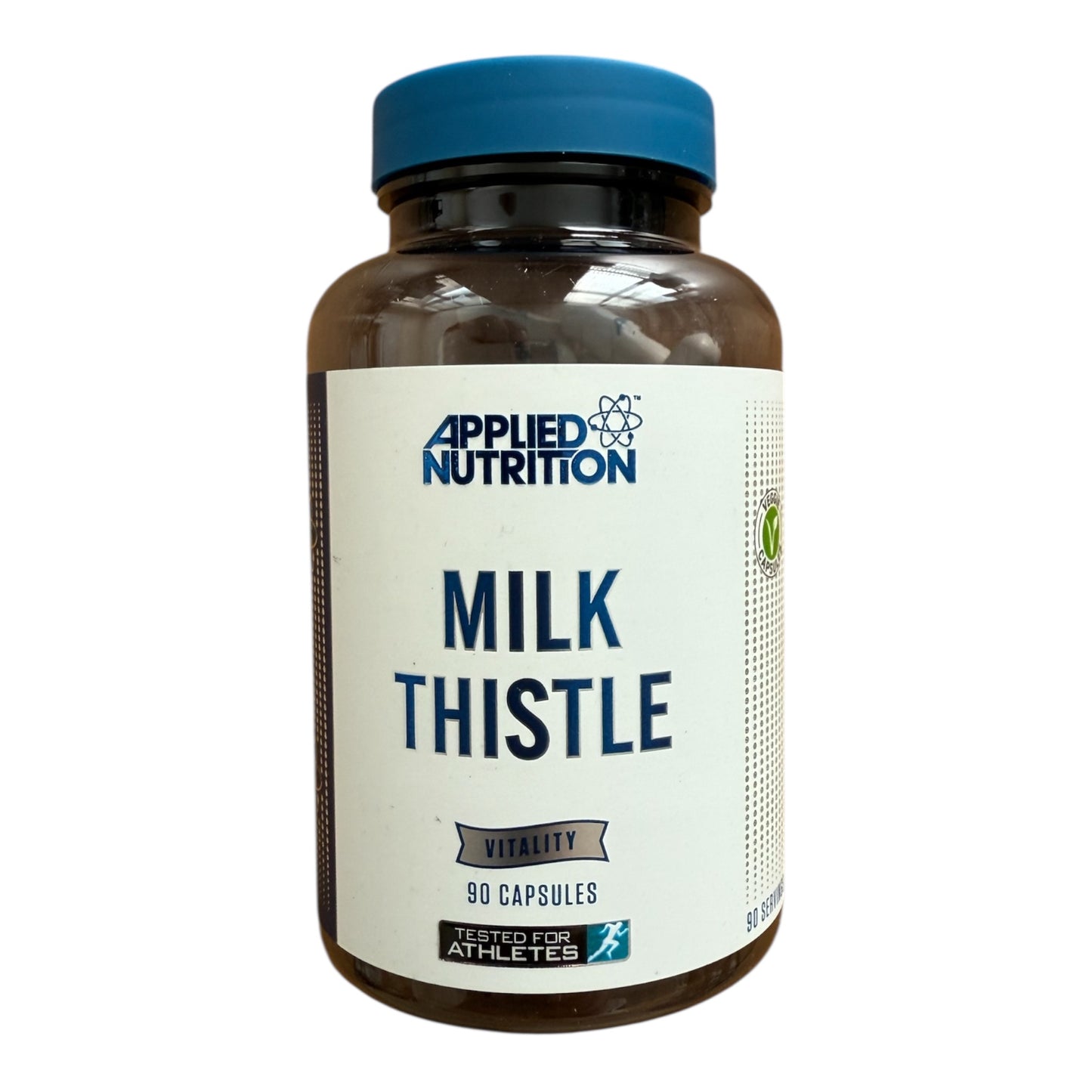 Bottle of Applied Nutrition Milk Thistle capsules on a white background