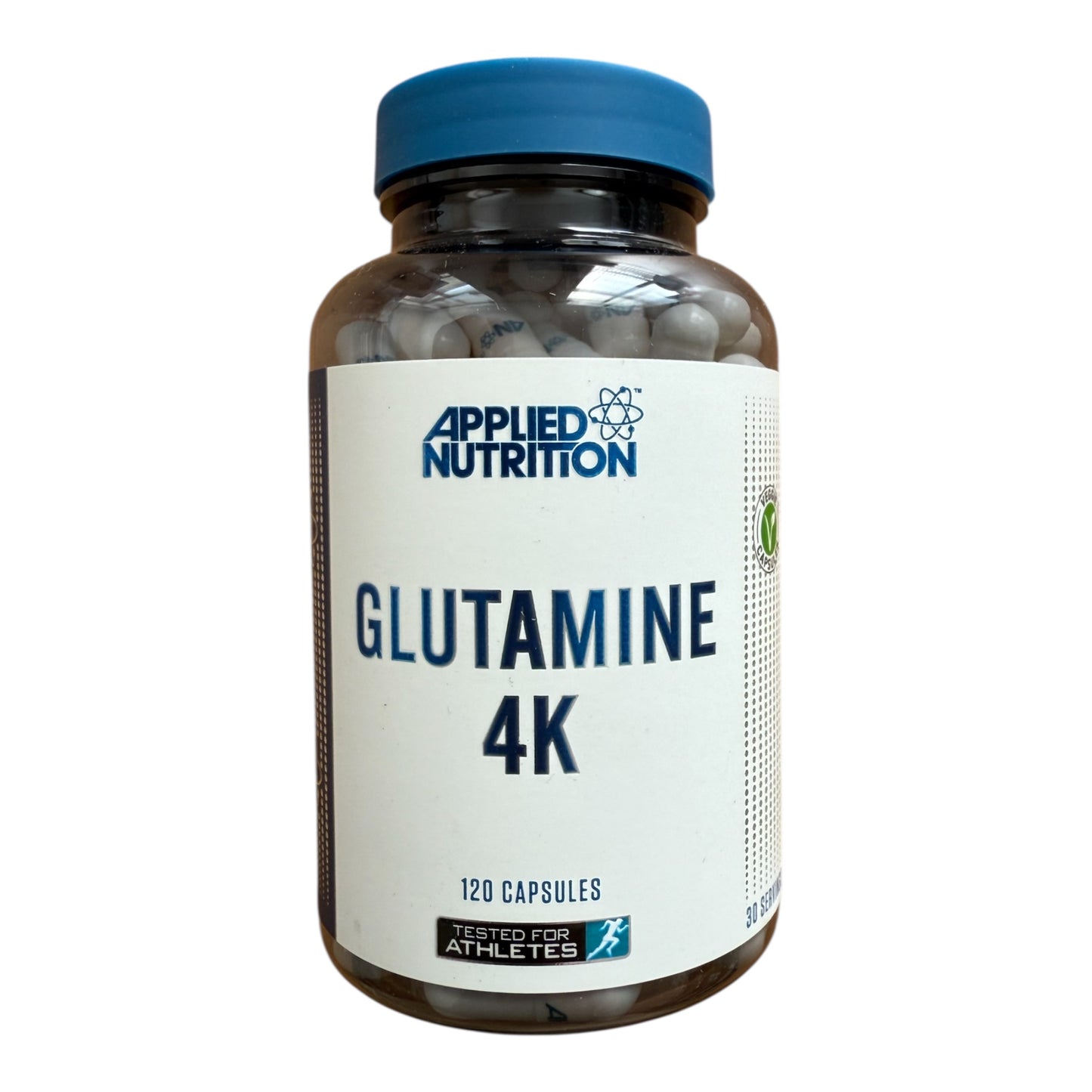 Bottle of Applied Nutrition Glutamine 4K capsules on a white background