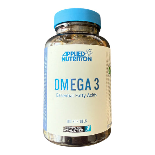 Bottle of Applied Nutrition Omega 3 supplement on a white background