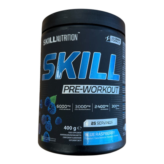 Skill Nutrition pre-workout supplement container on a white background