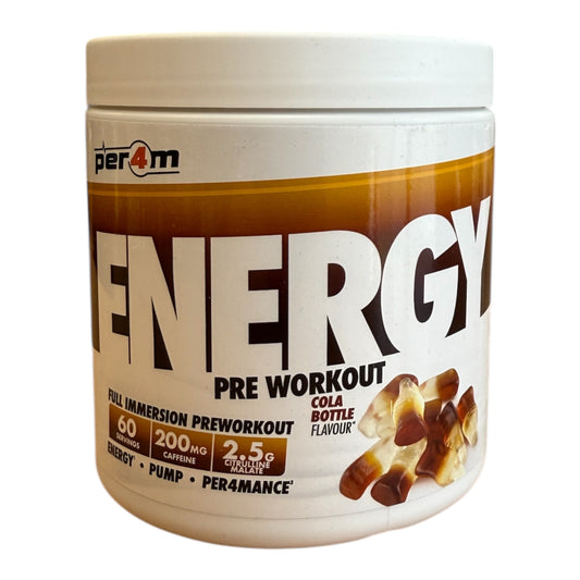 Pre-workout supplement container with 'per4m' branding on a white background