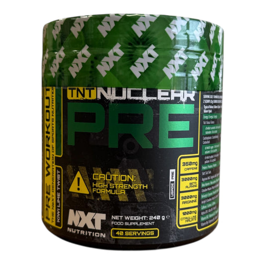 NXT Nuclear Pre supplement container on a white background
