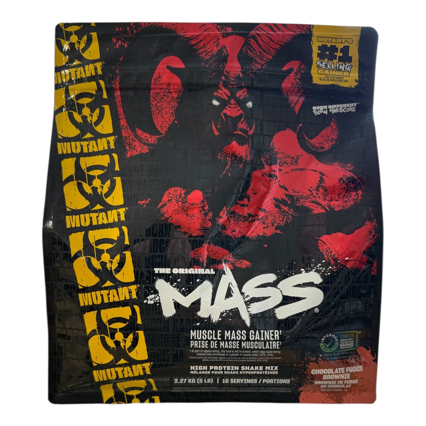 Mutant Mass Muscle Mass Gainer supplement package with red and yellow graphics on a black background