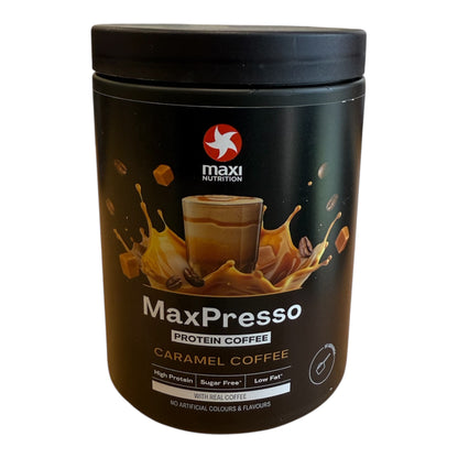 Maxi Nutrition MaxPresso Protein Coffee container on a white background