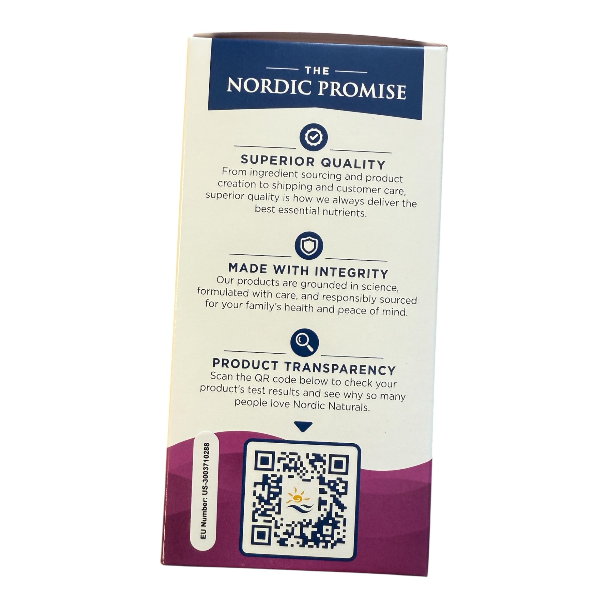 Product packaging with 'The Nordic Promise' branding and QR code on a white background