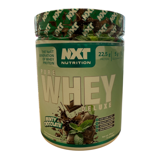 NXT Nutrition Pure Whey Deluxe protein powder container on a white background