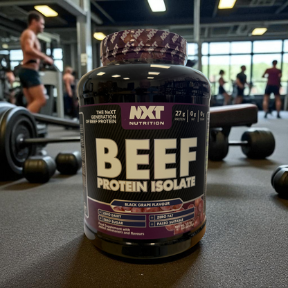 NXT Nutrition Beef Protein Isolate black grape container in a gym setting