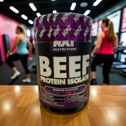 Beef protein isolate container on a wooden surface with people in the background