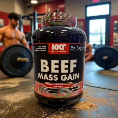 NXT Nutrition Beef Mass Gain supplement bottle on a gym counter with a person lifting weights in the background.