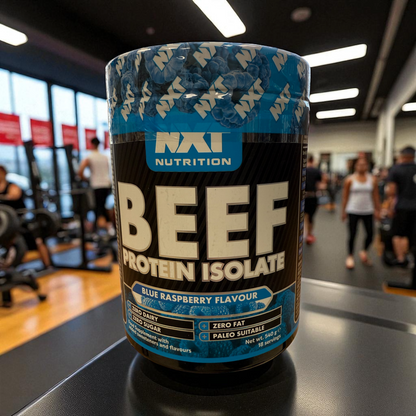 Container of beef protein isolate with Nxt Nutrition branding in a gym setting in blue raspberry flavour