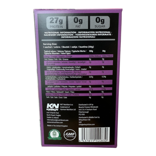 Nutritional information label on a purple package with KN Nutrition logo.