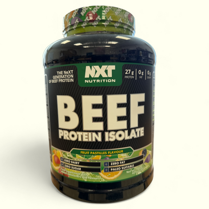 Fruit pastilles flavour Beef protein isolate container with NXT Nutrition branding on a white background