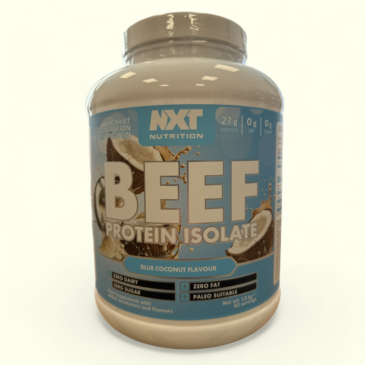 Blue Coconut Beef protein isolate container with blue and beige design on a white background