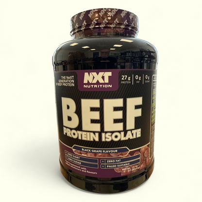 Black Grape NXT Nutrition Beef Protein Isolate container with black and purple design on a white background