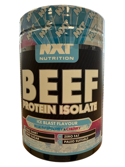 NXT Nutrition Beef Protein Isolate container with flavor details on a white background in ice blast flavour