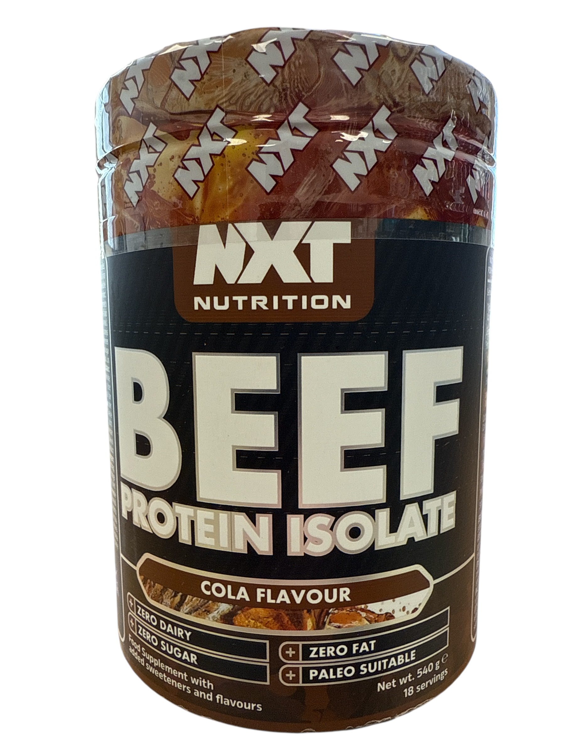 NXT Nutrition Beef Protein Isolate container with cola flavor on a white background