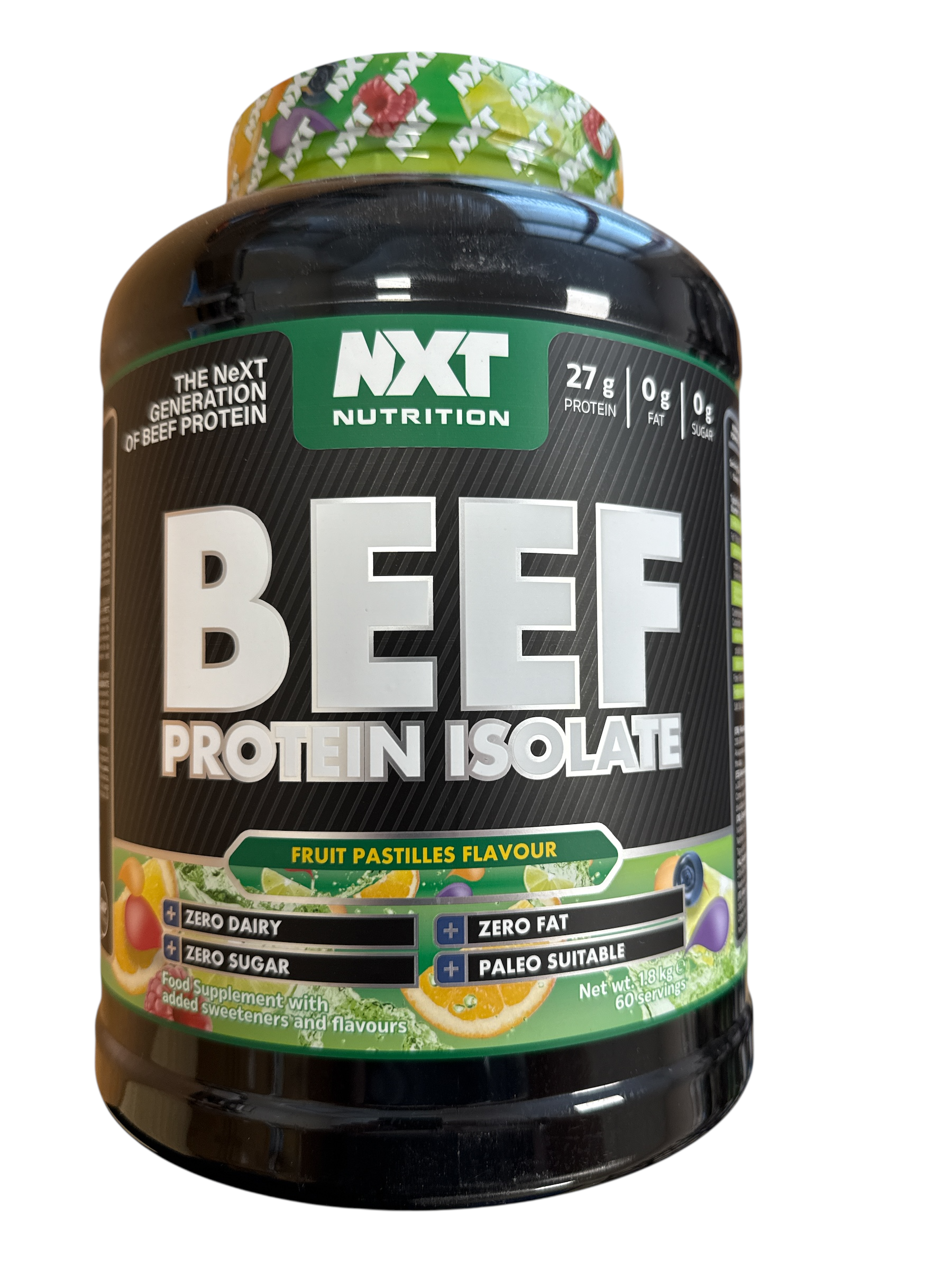 NXT Nutrition Beef Protein Isolate supplement bottle with colorful pastilles on a white background