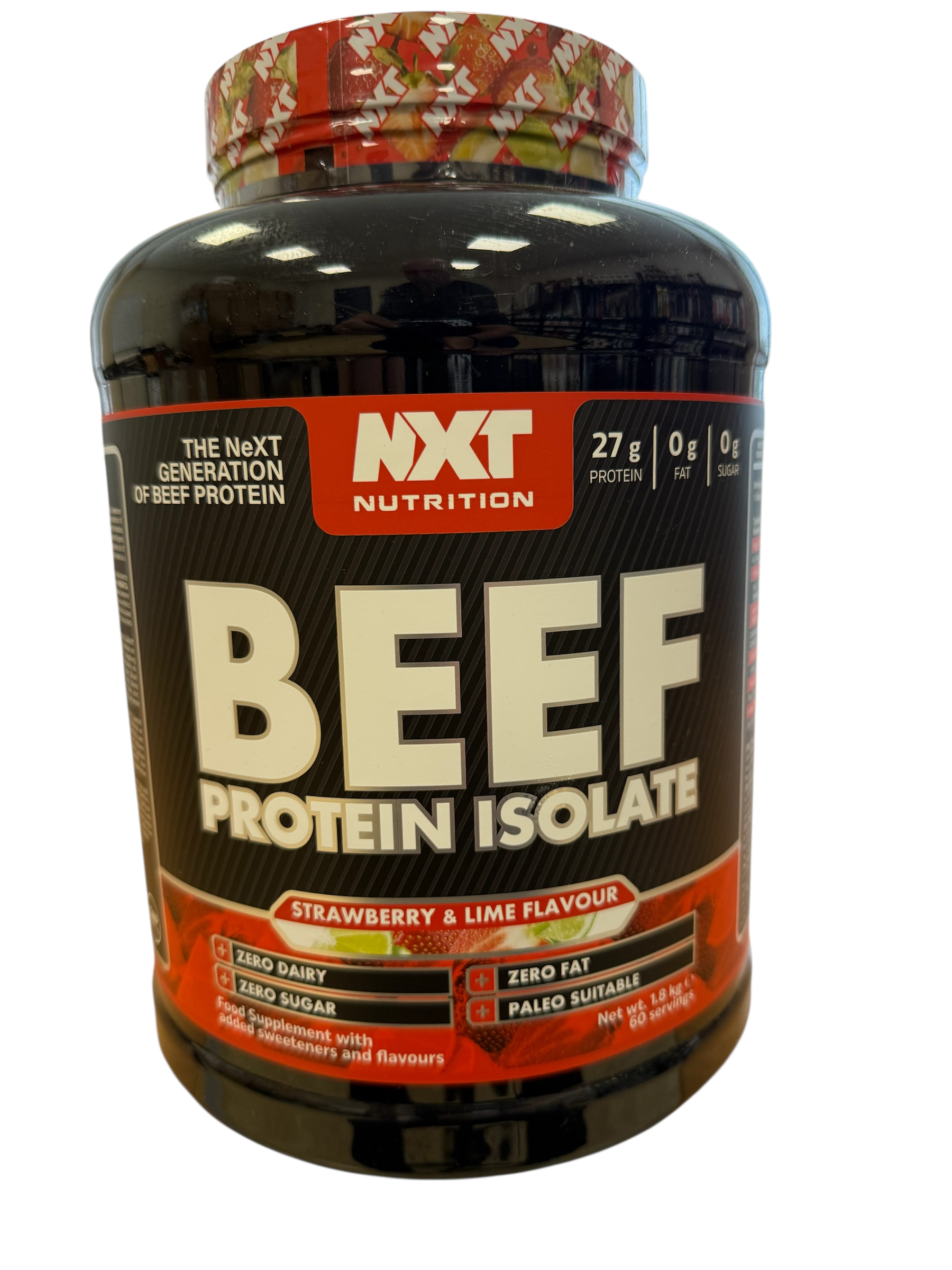 NXT Nutrition Beef Protein Isolate container with strawberry & lime flavor on a white background in 2kg tub