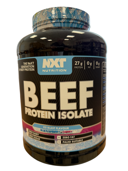 Beef protein isolate container with NXT Nutrition label on a white background in Ice Blast flavour in a 2 kg tub