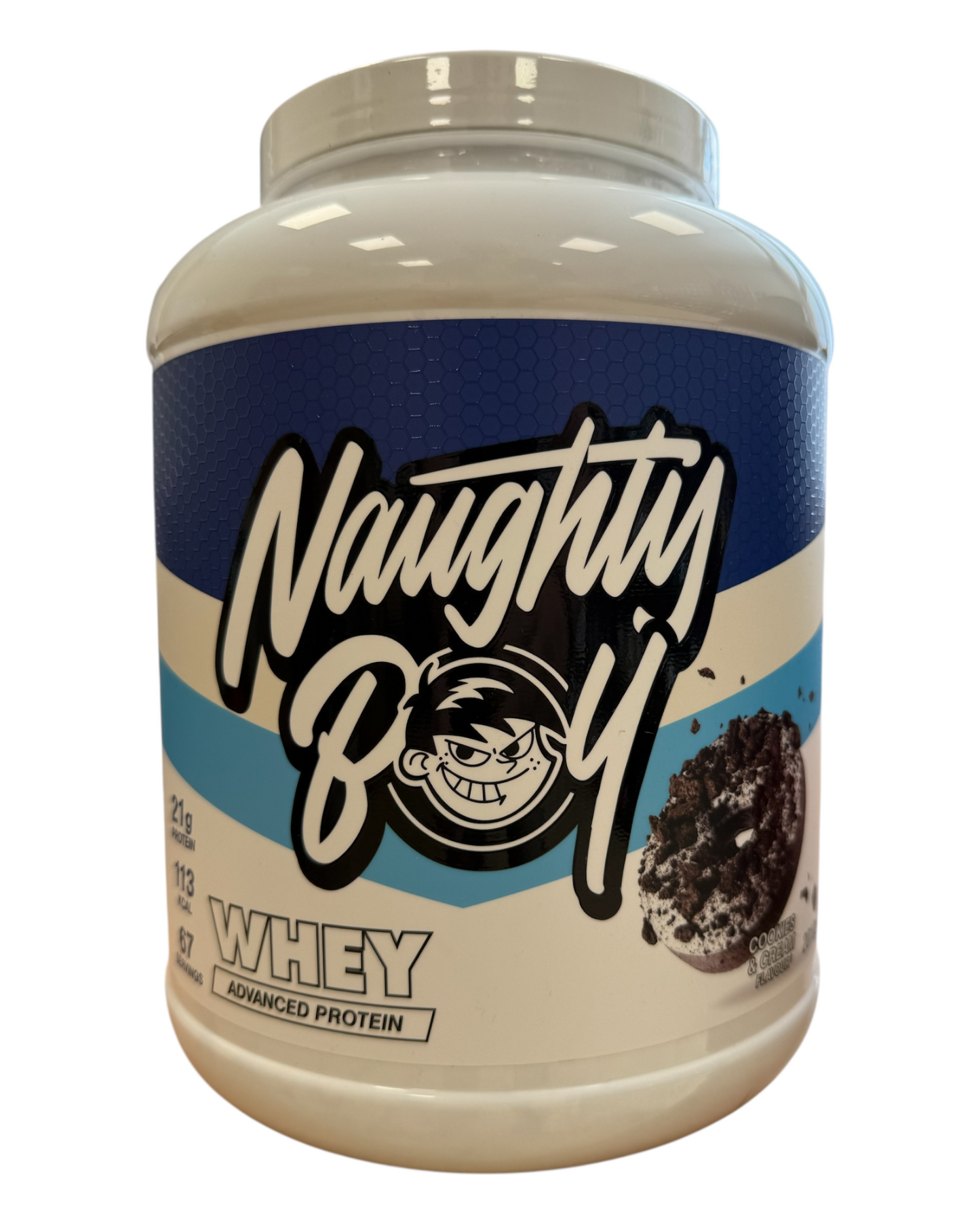 Protein powder container labeled 'Naughty Boy' on a white background
