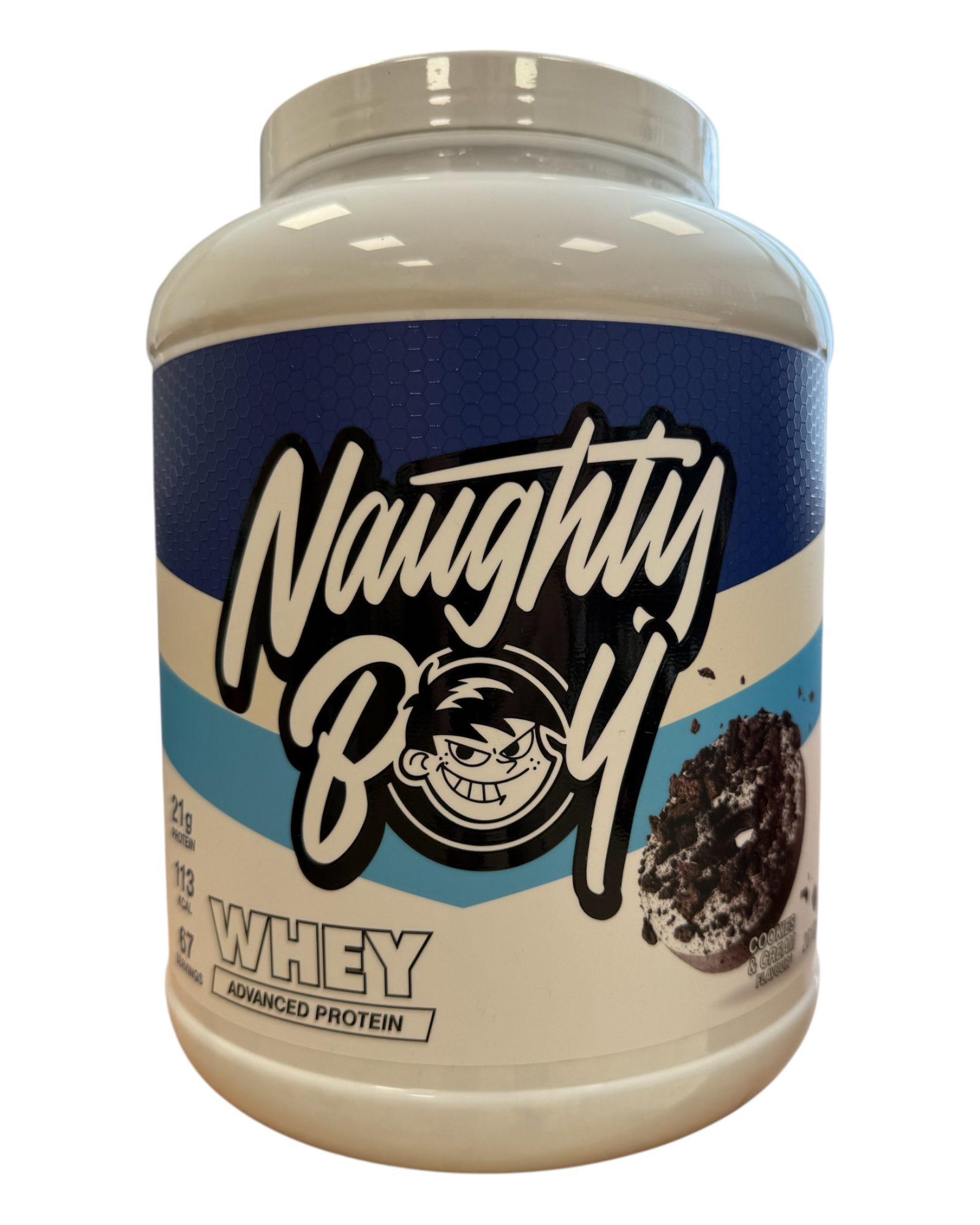 Protein powder container labeled 'Naughty Boy' on a white background