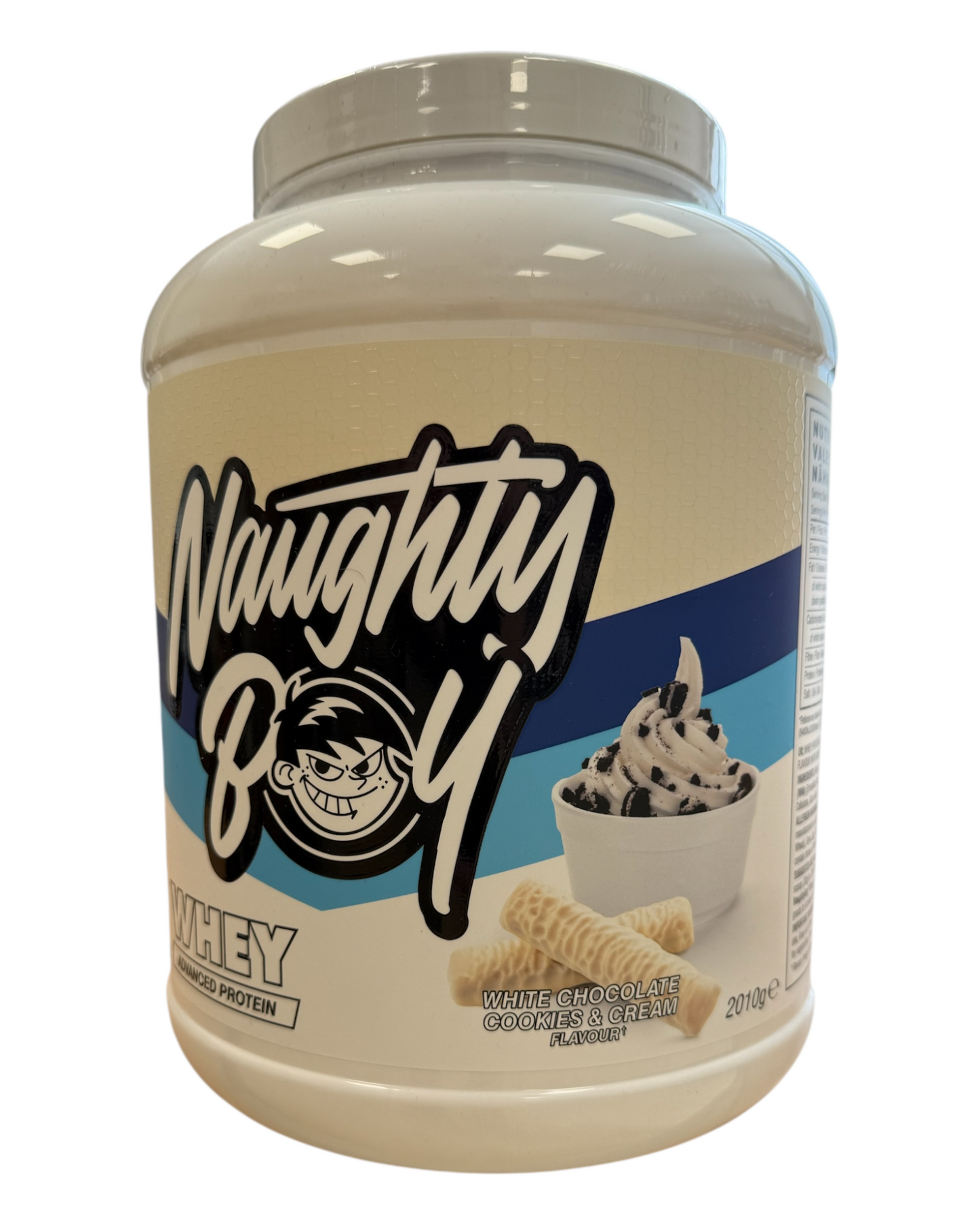 Protein powder container with 'Naughty Boy' branding on a white background