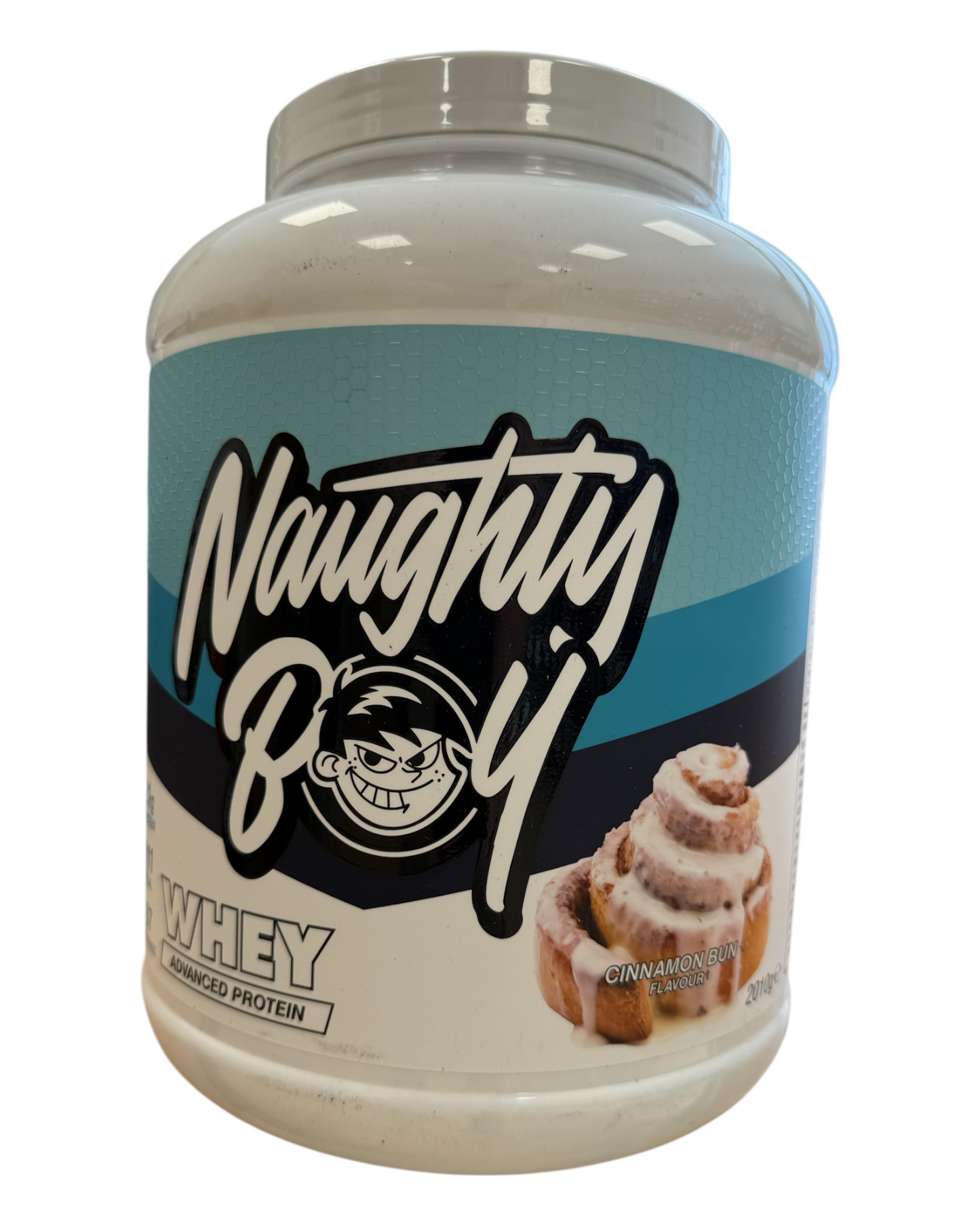 Protein powder container labeled 'Naughty Boy' with cinnamon roll flavor on a white background
