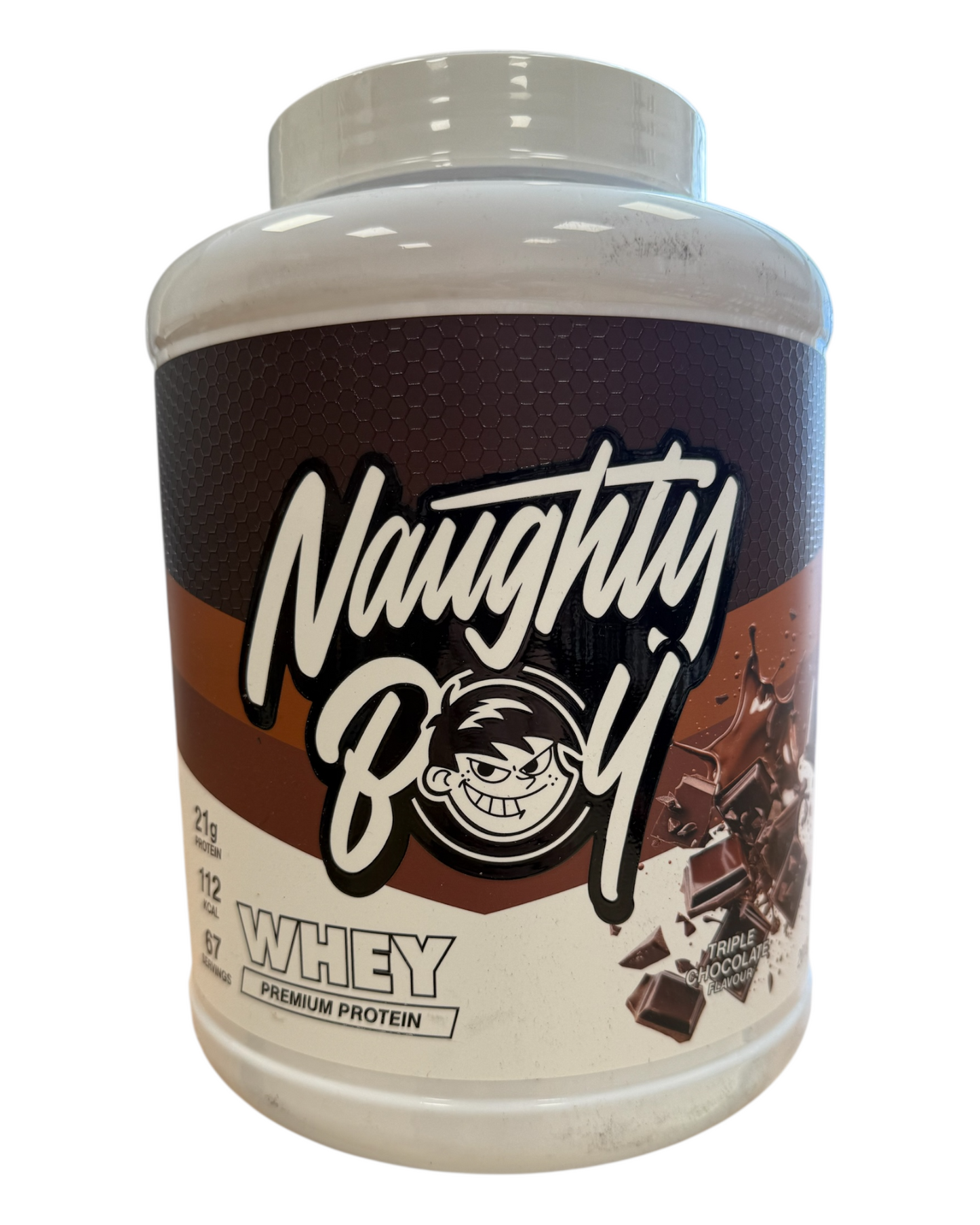 Protein powder container labeled 'Naughty Boy' on a white background