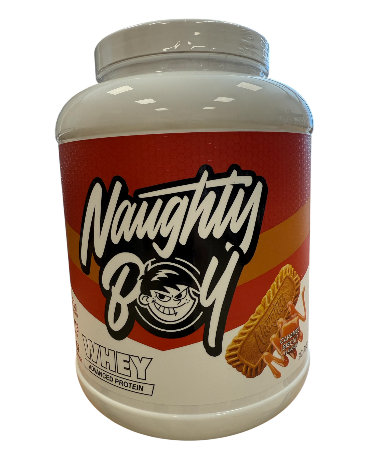 Protein powder container labeled 'Naughty Boy' on a white background
