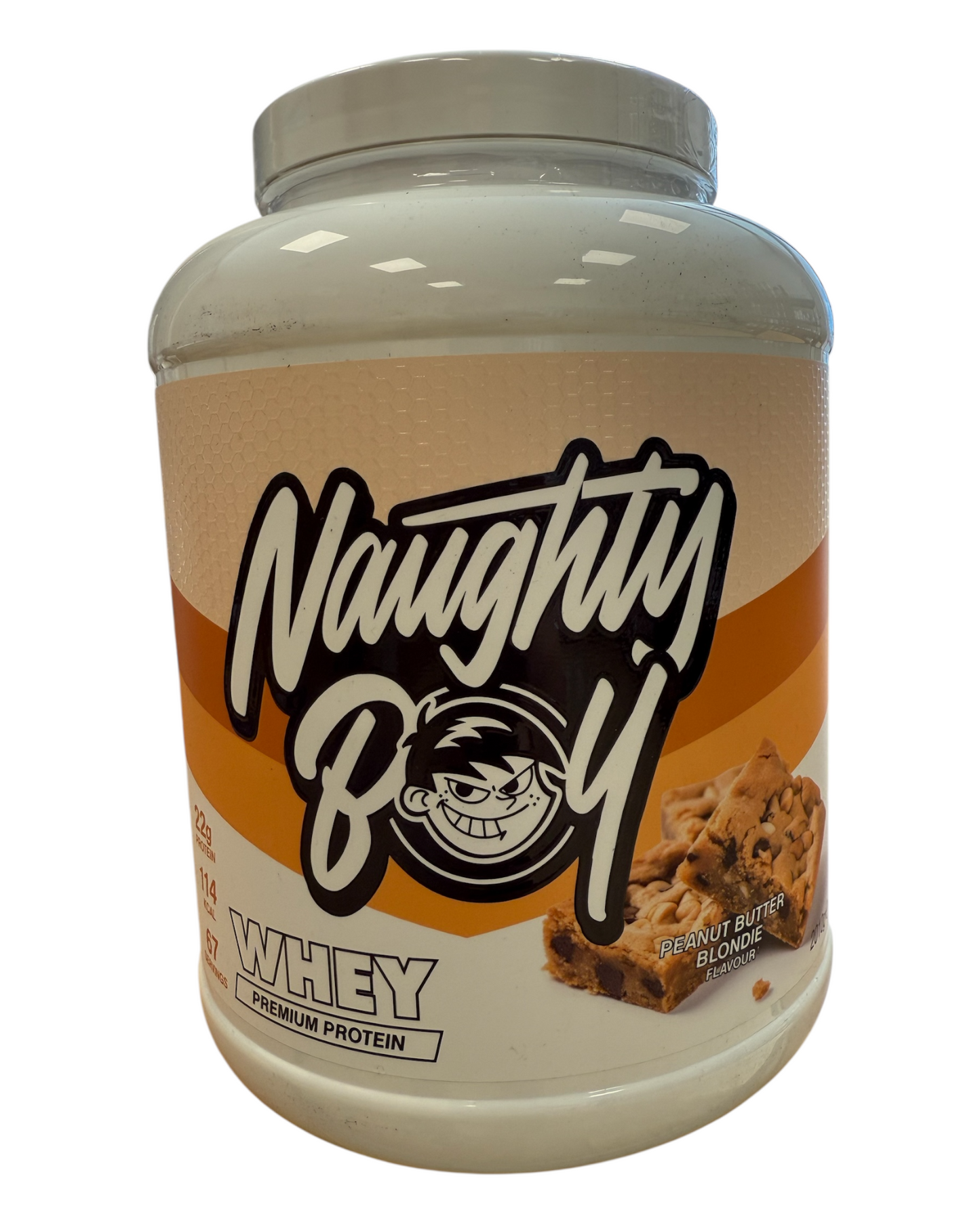 Naughty Boy whey protein powder container on a white background