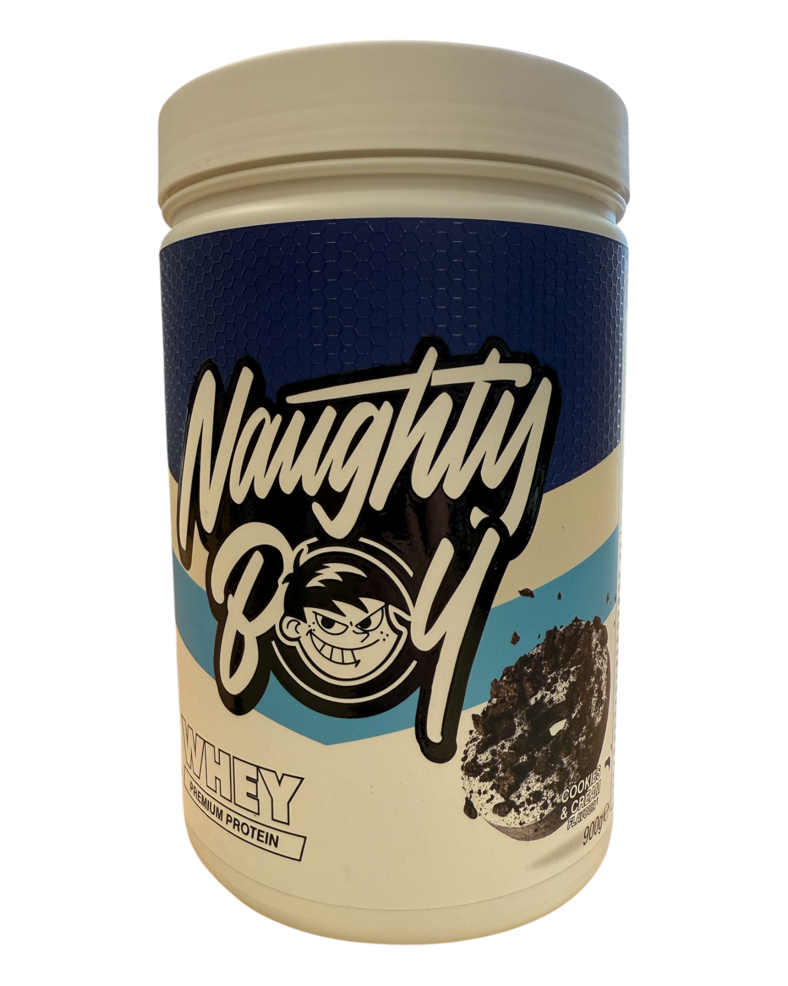 Protein powder container with 'Naughty Boy' branding on a white background