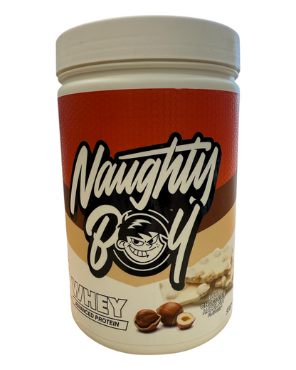 Protein powder container with 'Naughty Boy' branding on a white background