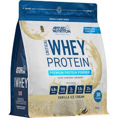 Whey protein powder package with vanilla ice cream flavor on a white background