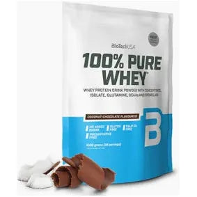 Bag of BioTech USA 100% Pure Whey protein powder with chocolate pieces.