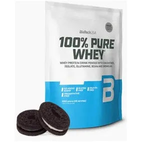 Bag of 100% Pure Whey protein powder with Oreo cookies on a white background
