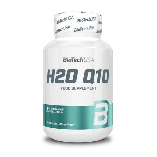 A bottle of BioTechUSA H2O Q10 Coenzyme dietary supplement, containing 60 capsules, with a white and green label.