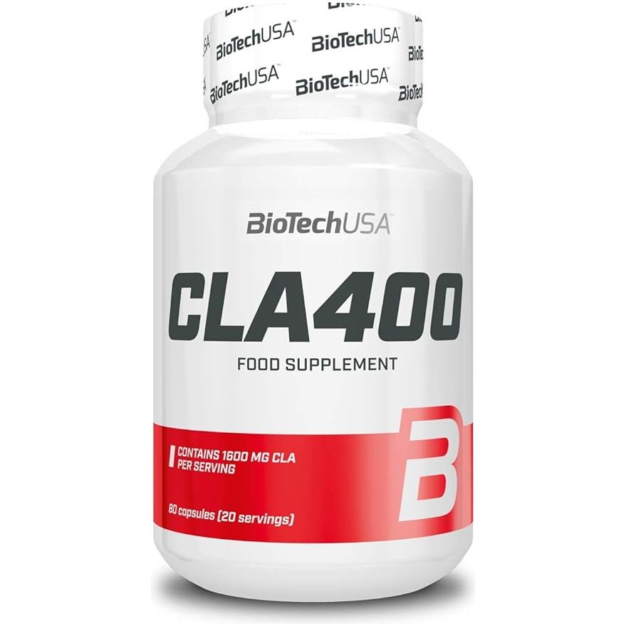 A bottle of BioTech USA CLA 400 food supplement, with red and white labeling.