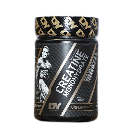 A container of DY Creatine Monohydrate with a black and gold design, featuring an image of Dorian Yates and text indicating the product is unflavored.