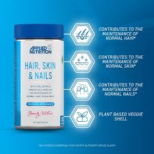 A bottle of Nutri Advanced Collagen Hair, Skin and Nails supplement with graphic indicators of its benefits for skin, hair, and nails.