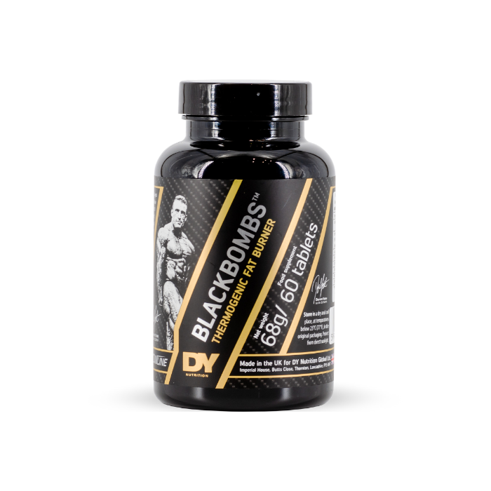 A bottle of DY Black Bombs Fat Burners, with 60 tabs inside. The bottle is black with gold and white labeling.