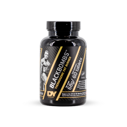 A bottle of DY Black Bombs Fat Burners, with 60 tabs inside. The bottle is black with gold and white labeling.