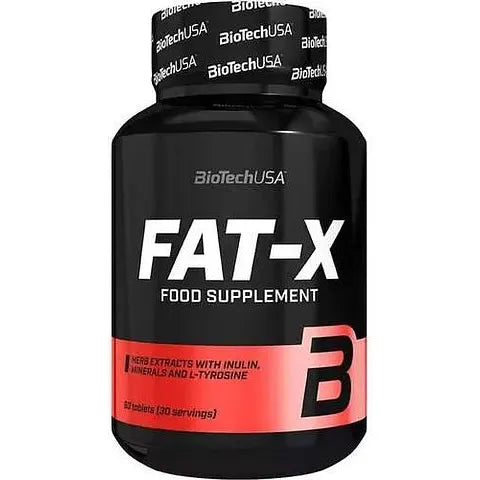 A bottle of BioTechUSA FAT-X food supplement with 60 tabs, primarily black in color with red and white labeling.