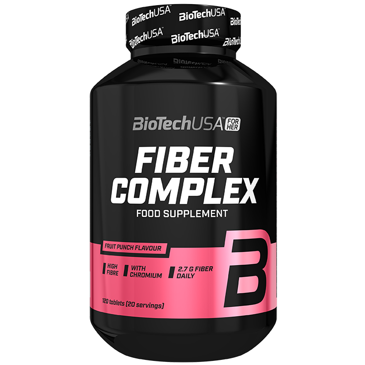 A bottle of Bio-Tech USA Fibre Complex chewable tablets in fruit punch flavor with a pink label.