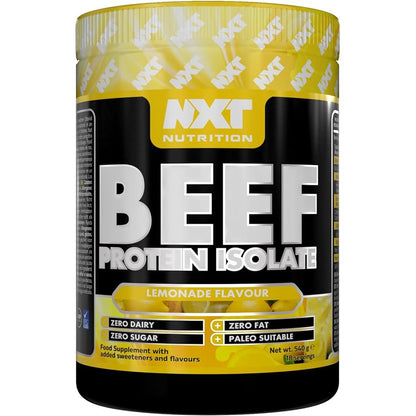 A container of NXT Beef Protein Isolate in lemonade flavor, highlighting zero fat and zero sugar content, and indicating it's paleo suitable.